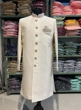 Men  s Cream Designer Sherwani  Wedding  Festive Ethnic Wear with Embroidered