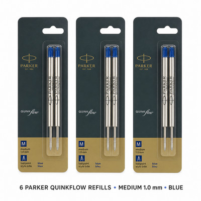 6 x Parker QUINKflow Ballpoint Pen Refills Medium 1.0mm Blue Ink Genuine