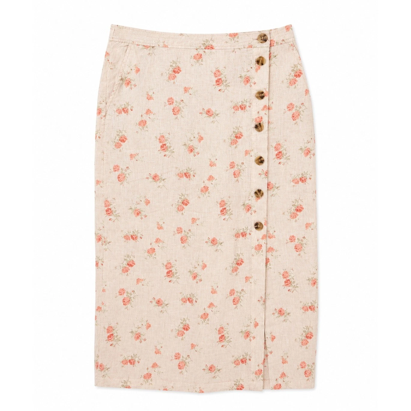Shabby Chic 100% Petal Pink Floral Linen Midi Skirt Buttons Cottagecore Romantic