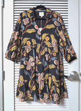 3/4 brown floral collared pleat ruffle dress L