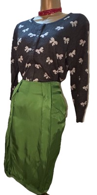Vintage Sandwich Lined Rayon Satin Midi  Tulip Hem Skirt in Green  28  Waist