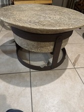 Pair of Brutalist Stone & Iron Drum Coffee Tables  Textured Stone.