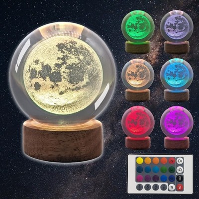 3D Moon Crystal Ball 3.15'' With LED Lamp Colorful Wooden Base Night Light, Re...