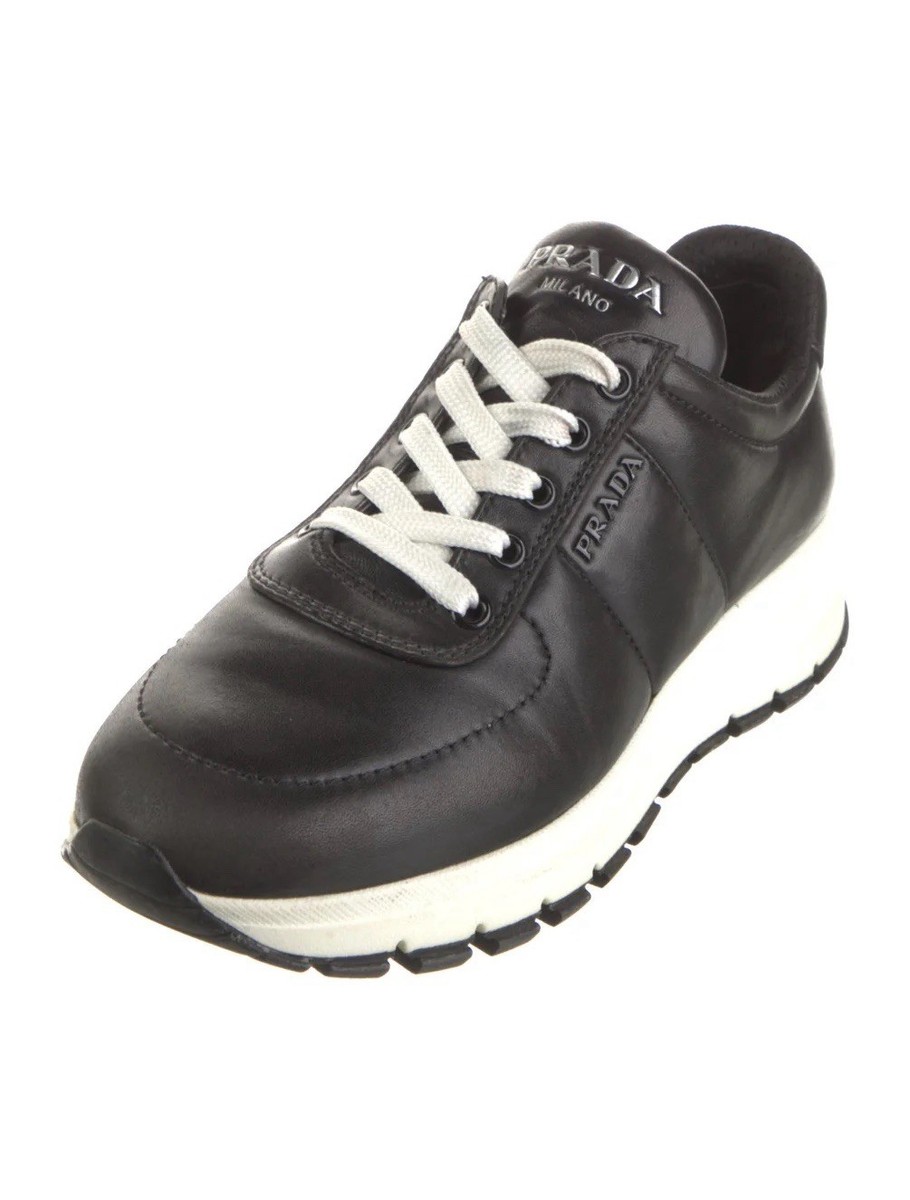 PRADA Milano Black Leather Low Top Lace-Up Sneakers Rubber Lug