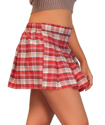 Women's Red White Check Mini Skirt Girls High Waist Pleated Plaid