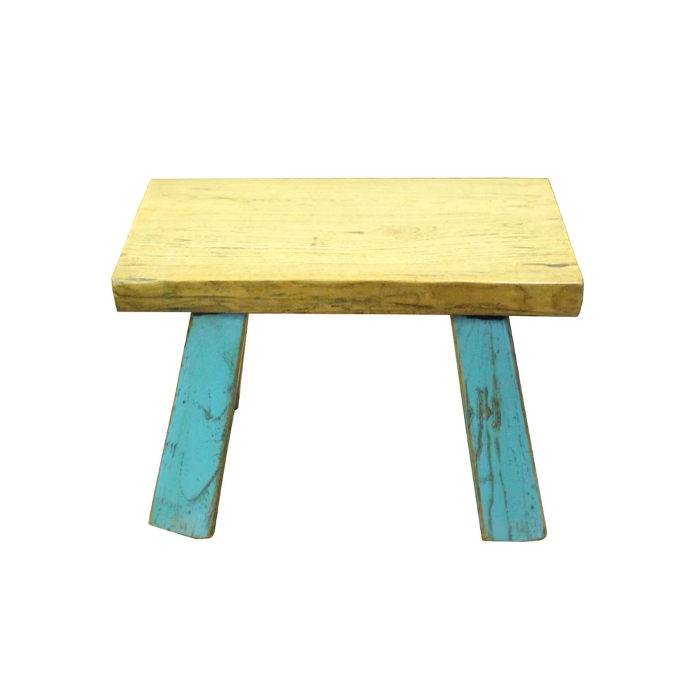 Raw Wood Top Finish Blue Legs Rectangular Short Stool Table cs5604 - Image 2 of 4
