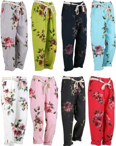 Womens Italian Lagenlook Linen Trousers 