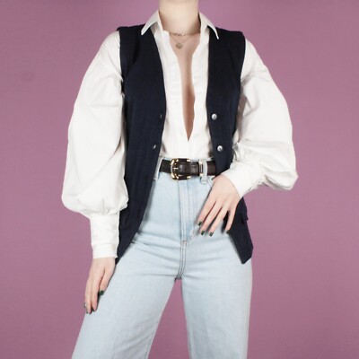 Vintage 90er dunkelblau Damen Retro Weste Streber Strick Bluse Top Medium 12