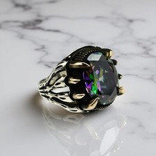 Mystic Topaz Claw Statement Men Ring 925 Sterling Silver Handmade Jewelry Gift
