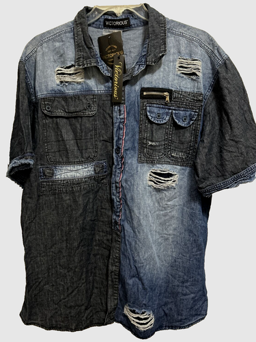 Victorious Men’s Size 2XL Denim Short Sleeve Shirt Distressed Pockets NWT