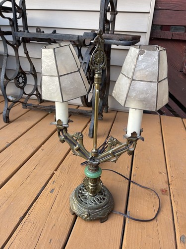 ART DECO TABLE LAMP W/ JADITE GLASS ACCENT. CANDLE FORM SOCKETS. - Picture 3 of 12