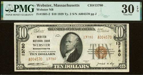 1929 $10 National Bank Webster, Massachusetts CH# 13780 PMG 30EPQ Top Pop 1/0 - Picture 2 of 3
