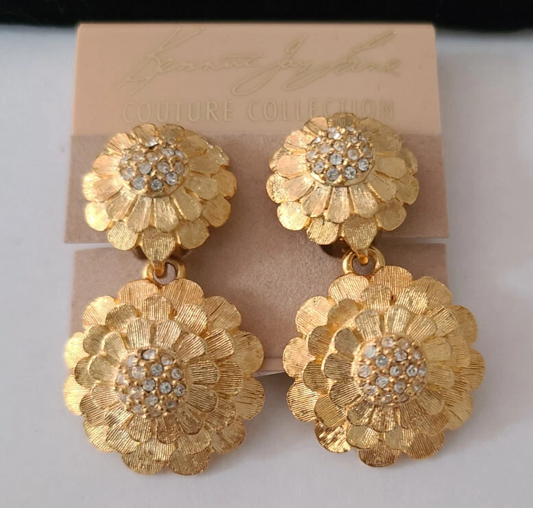 Brincos de gota floral folheados a ouro Kenneth Lane KJL COUTURE - NOVO sem etiquetas - Imagem 3 de 4