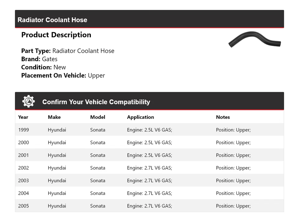 Manguera de refrigerante de radiador para Hyundai Sonata 1999-2005 puertas superiores 2000 2001 2002 Foto 2 de 4