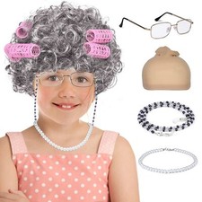 Old Lady Costume for Women Kids 100th Day of School Grandma Wig Glasses Costume