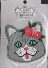 Sew-ology - Iron On Applique Patch 1769231 Gray Cat with Pink Flowers