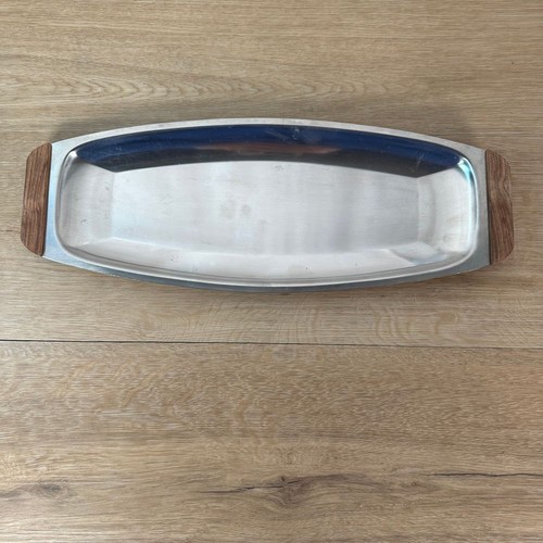 Vintage Stainless Steel Oblong Serving Tray with Wooden Handles MCM Bar - Picture 7 of 7