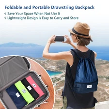 Costway String Bag Folding Sports Sack Drawstring Backpackw/Zipper Pocket Blue