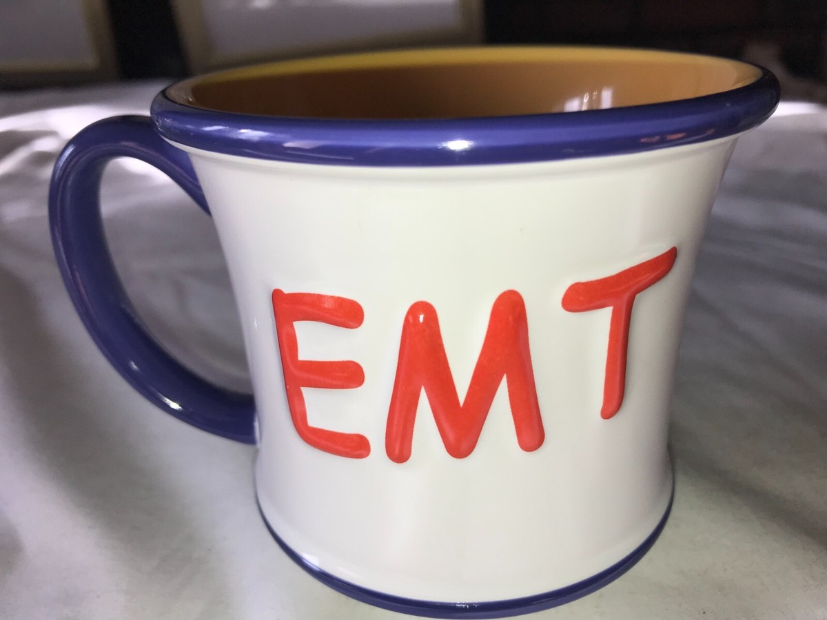 EMT Emboss AMBULANCE Raised RELIEF Blue Yellow Red 12oz Coffee MUG Cup 3"  Tall