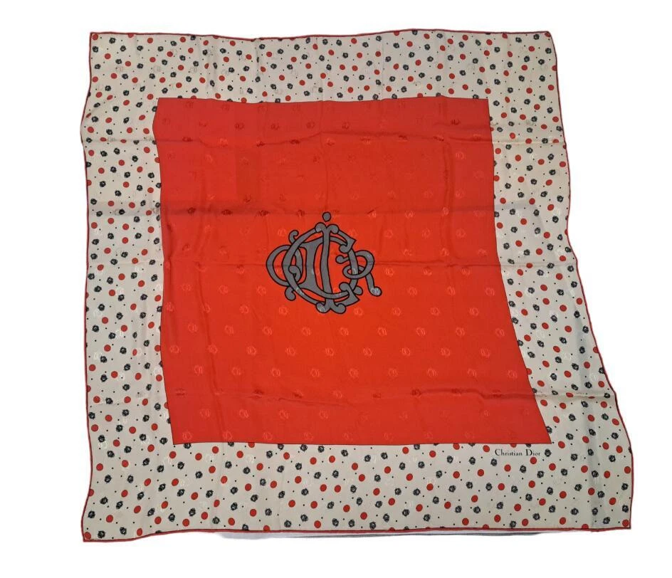 Authentique grande écharpe Christian Dior vintage logo rétro soie ivoire