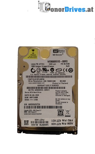 Western Digital WD800BEVS-08RST2- 80GB - SATA - 2060-701450-011 Rev. A*