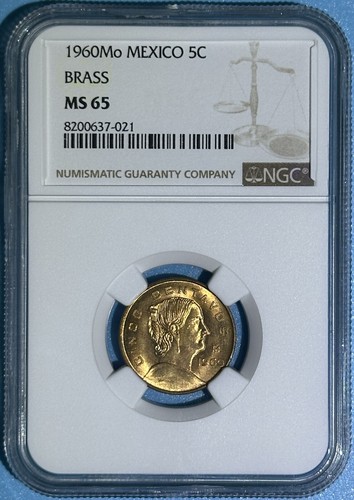 Mexico 1960 - Mo Brass 5 Centavos Choice BU Coin High Grade NGC MS 65