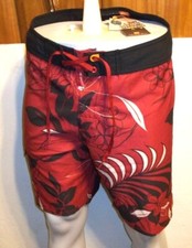 NEW Quiksilver sz 30 swim board shorts red black Hawaiian flowers Diamond Dobby