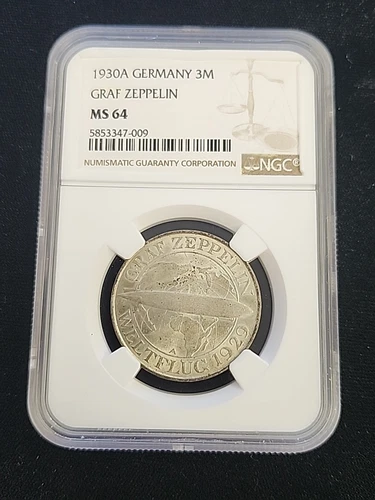 1930 GERMANY SILVER 3 MARK GRAF ZEPPELIN NGC MS 64 SCARCE 