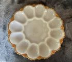 Vintage Anchor Hocking White Milk Glass Deviled Egg Dish Plate Platter Gold Rim