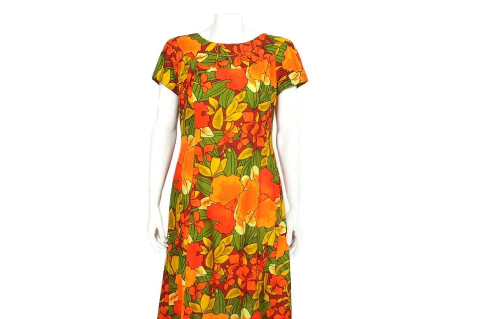 Maxi Vestido Hawaiano De Colección Años 60 70 Hecho en Hawaii Talla 12 Acrílico Naranja Floral 501 Foto 2 de 4