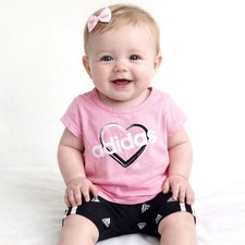 ADIDAS Kids Outfit Set Baby Girls SIZE 6M Pink Glitter Heart Shirt Shorts NWT