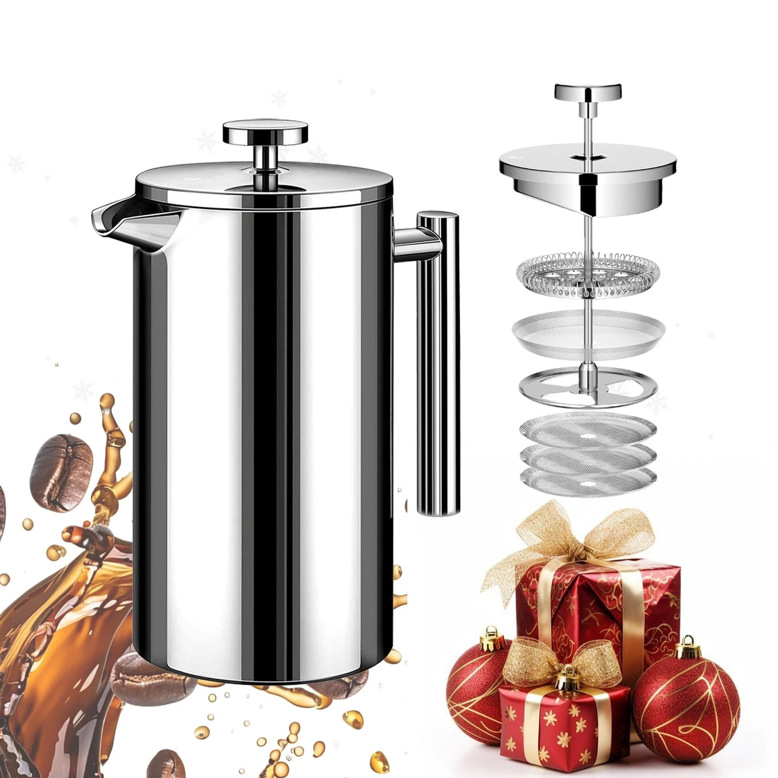 French Press Coffee Maker 34oz, Stainless Steel Double Wall Insulated, 3 Extr...