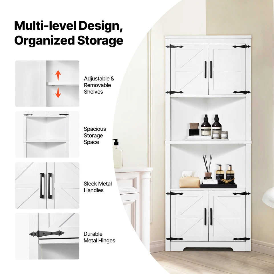 68" Corner Storage Cabinet with 4 Wooden Doors & Adjustable Shelves White - image 4 of 4