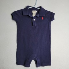 Ralph Lauren Baby Boy Romper Shortall Navy Blue Red Pony 9M Preppy Classic
