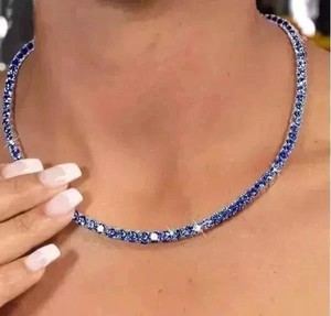 Authentic 12Ct Lab Created Round Blue Tanzanite Tennis Necklace 14K White Gold Plated 16'