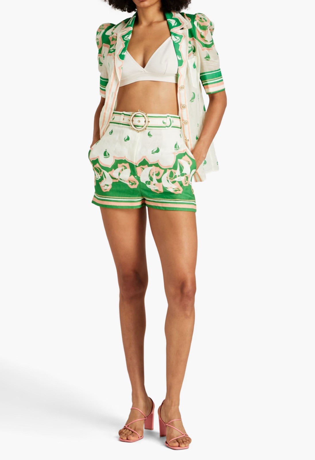 ZIMMERMANN High Tide Sailboat-print belted shorts In Green Size 0 AU 8 US 4