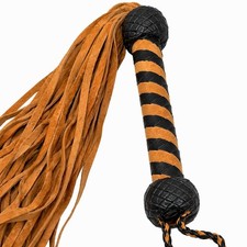 Premium Leather Flogger Whip Black  Tan Braided Handle Soft Suede Tassels