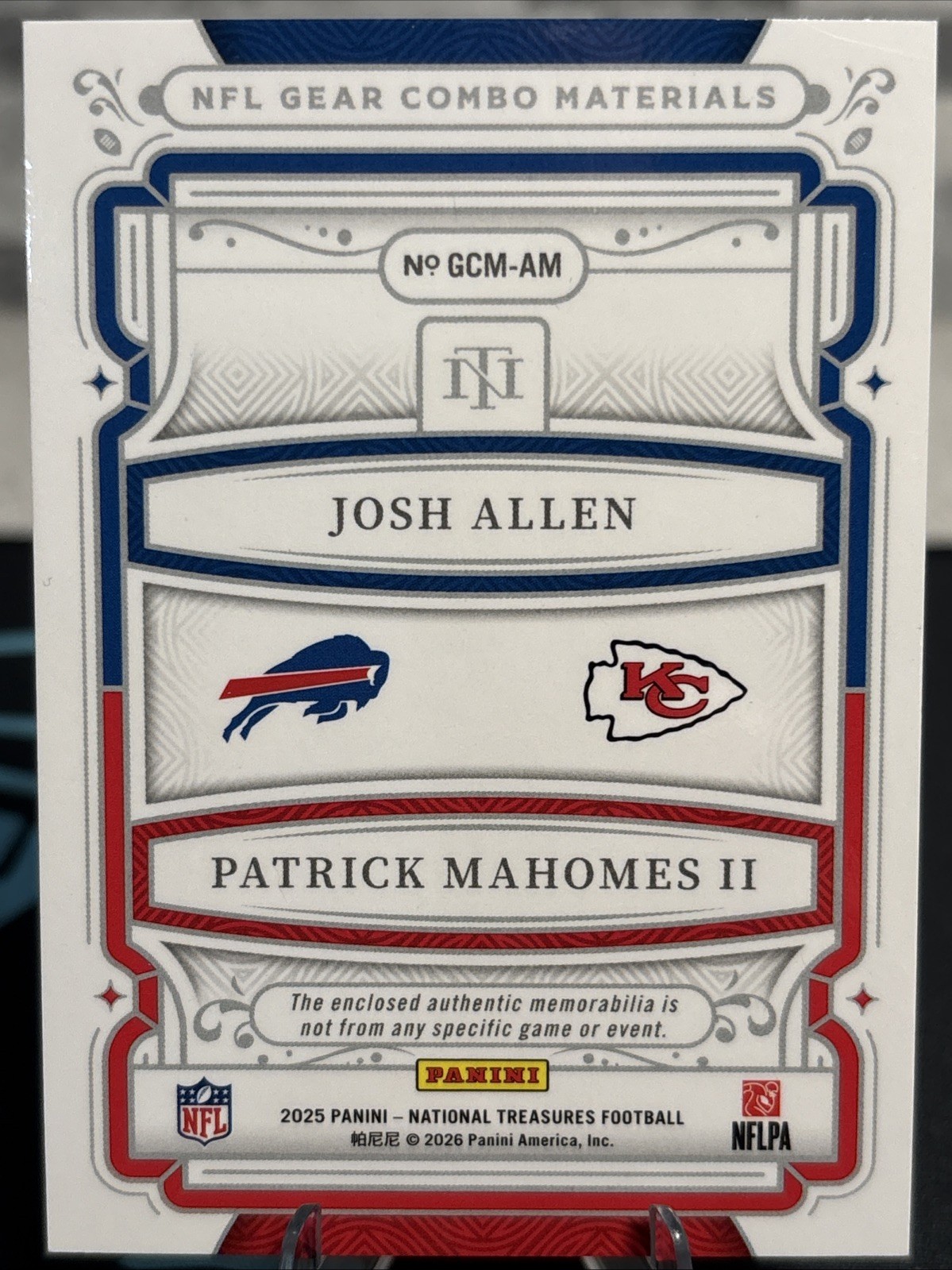 2025 National Treasures Josh Allen Patrick Mahomes II Combo Jersey Ball #/99 view 3