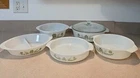 Vintage Glasbake Milk Glass Retro Green Daisy Floral Casserole Dish 60s Set Of 6