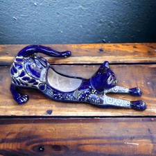 Hand-Painted Blue Talavera Stretching Cat Planter | Mexican Folk Art Decor