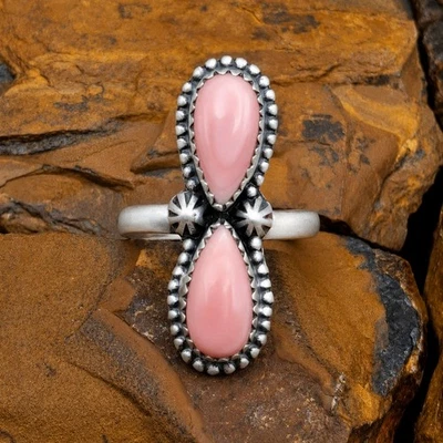 Anillo Caracola Rosa Doble Piedra Plata de Ley 925 Ajustable 6-8 Vaquera Suroeste Foto 1 de 4