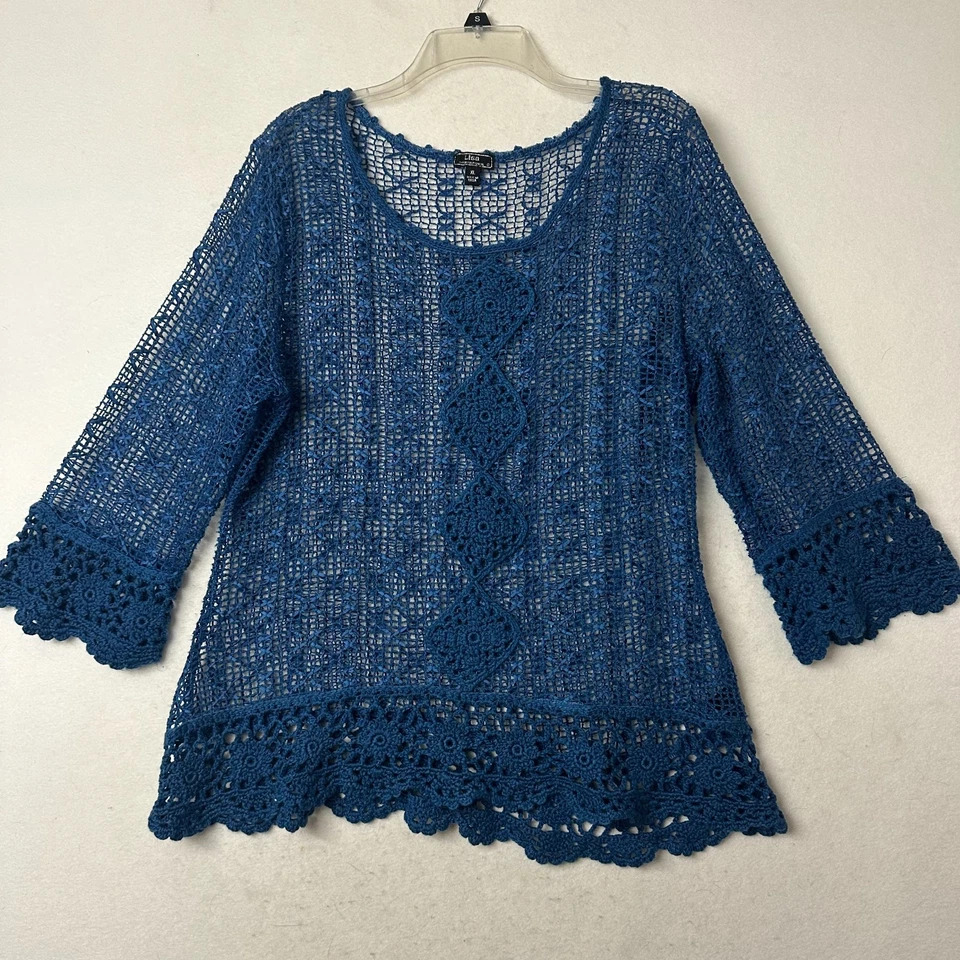 Lote de 2 Top Lisa International Talla XL Azul Verde azulado Cinta Crochet Manga Campana Foto 4 de 4