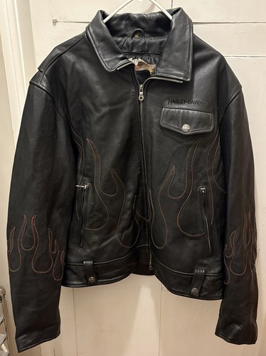 Harley Davidson Leather Motorcycle Jacket Red Flame Sleeve Back Patch Size XL
