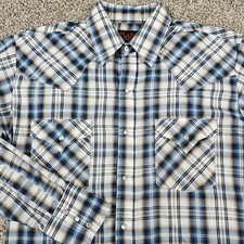 Plains Western Wear Shirt Mens Medium Blue Plaid Pearl Snap Tartan Cowboy Rodeo