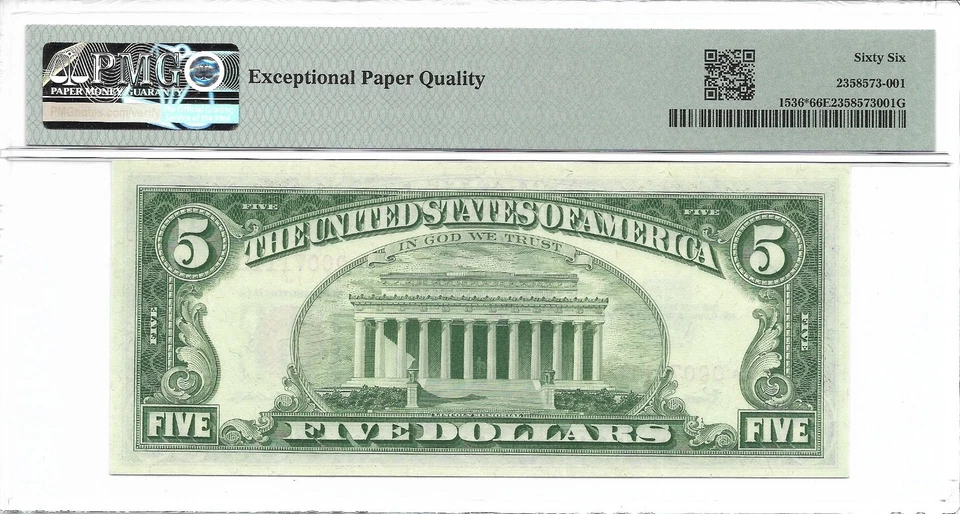 1963 $5 * STAR * βοΈ Legal Tender, US Note. PMG GEM Uncirculated 66 EPQ Banknote. - Image 3 of 3