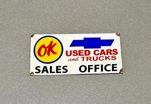 VINTAGE 12” OK USED CARS CHEVY PORCELAIN SIGN CAR GAS OIL TRUCK MOTORCYCLE