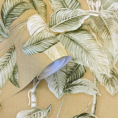 Mustard Boho Palm Leaf Wallpaper Rasch 571479 Textured Vinyl Feature Wall