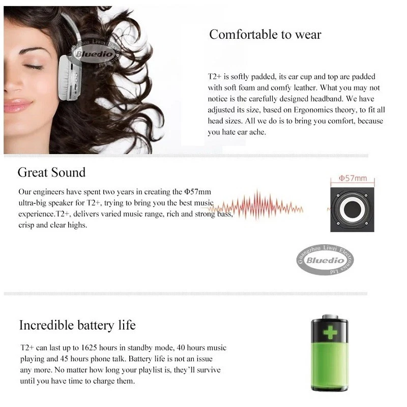 Bluedio T2+ Bluetooth Headphone Wireless Headset Foldable Sport HIFI Earphone - Image 2 of 4