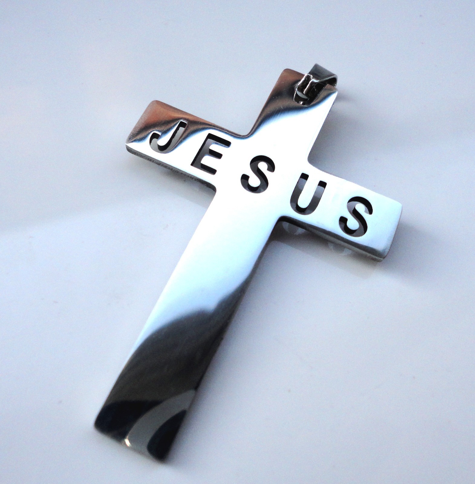 Jesus Cross Metal Pendant and chain Silver Finish Design  50mm Tall Christian