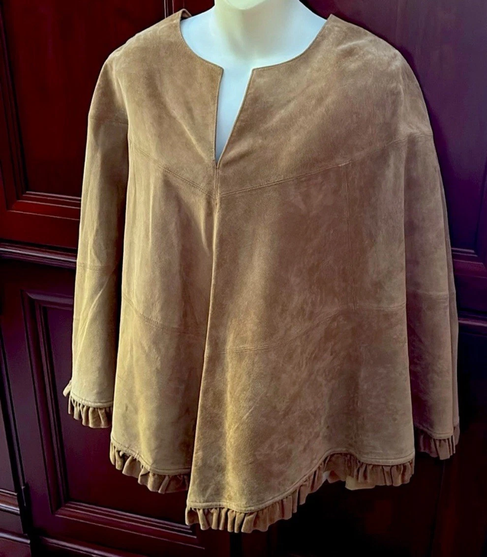 Ann Taylor Loft Poncho Cape Women Beige Suede Leather Ruffle M/L Western